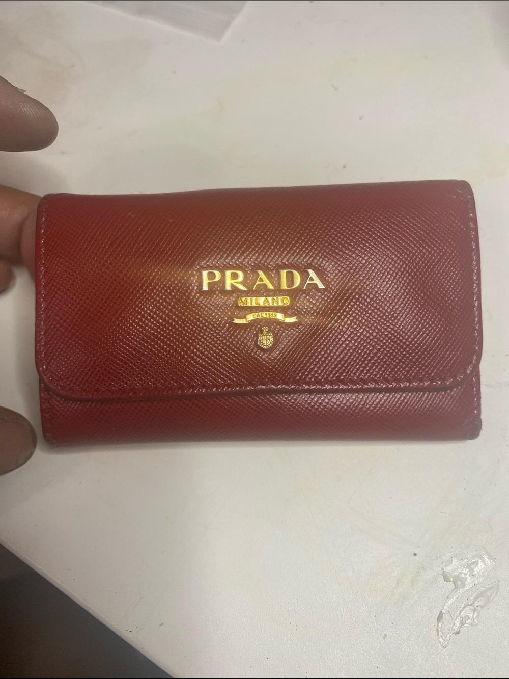Prada Red Saffiano Leather Key & Card Holder with Gold Logo